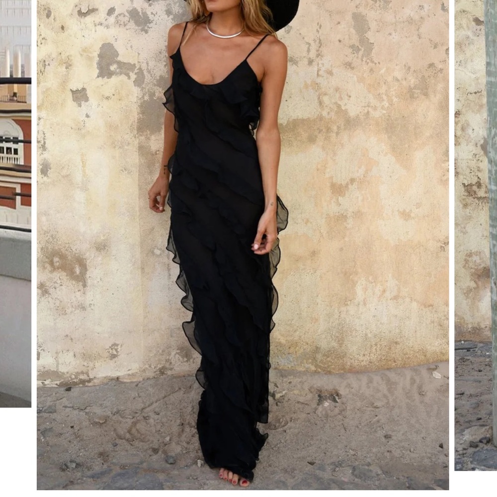 Elegant Ruffle Maxi Dress - Black